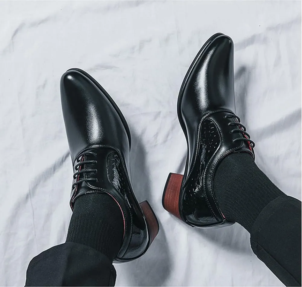 Men's Derby Oxfords Shoes Classic Lace-up Low Top Pointed Toe Embossed Block High Heel Business Wedding Dress Shoes