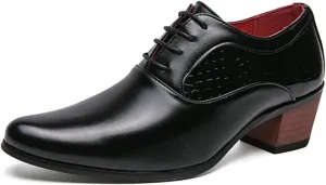 Men's Derby Oxfords Shoes Classic Lace-up Low Top Pointed Toe Embossed Block High Heel Business Wedding Dress Shoes