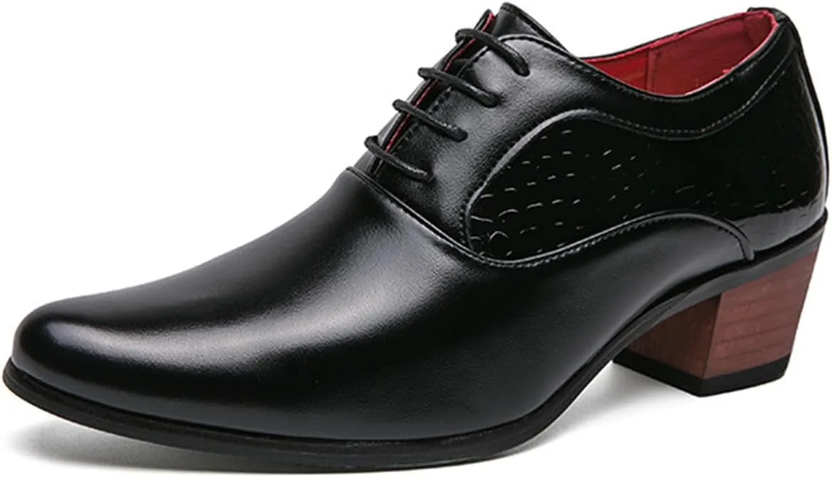 Men's Derby Oxfords Shoes Classic Lace-up Low Top Pointed Toe Embossed Block High Heel Business Wedding Dress Shoes