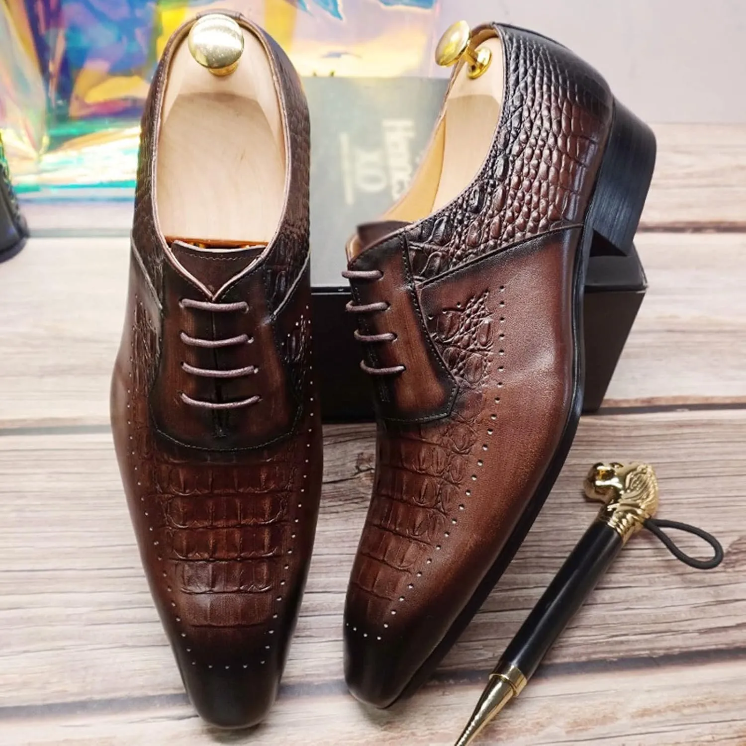 Mens Dress Shoes Mens Leather Shoes Formal Dress Shoes lace up Wingtip Wedding Office Coffee Black Crocodile Print Oxford Shoes Men(13)
