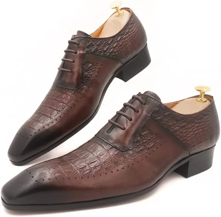 Mens Dress Shoes Mens Leather Shoes Formal Dress Shoes lace up Wingtip Wedding Office Coffee Black Crocodile Print Oxford Shoes Men(13)