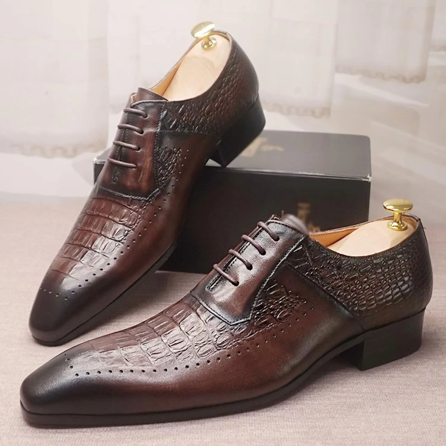 Mens Dress Shoes Mens Leather Shoes Formal Dress Shoes lace up Wingtip Wedding Office Coffee Black Crocodile Print Oxford Shoes Men(13)