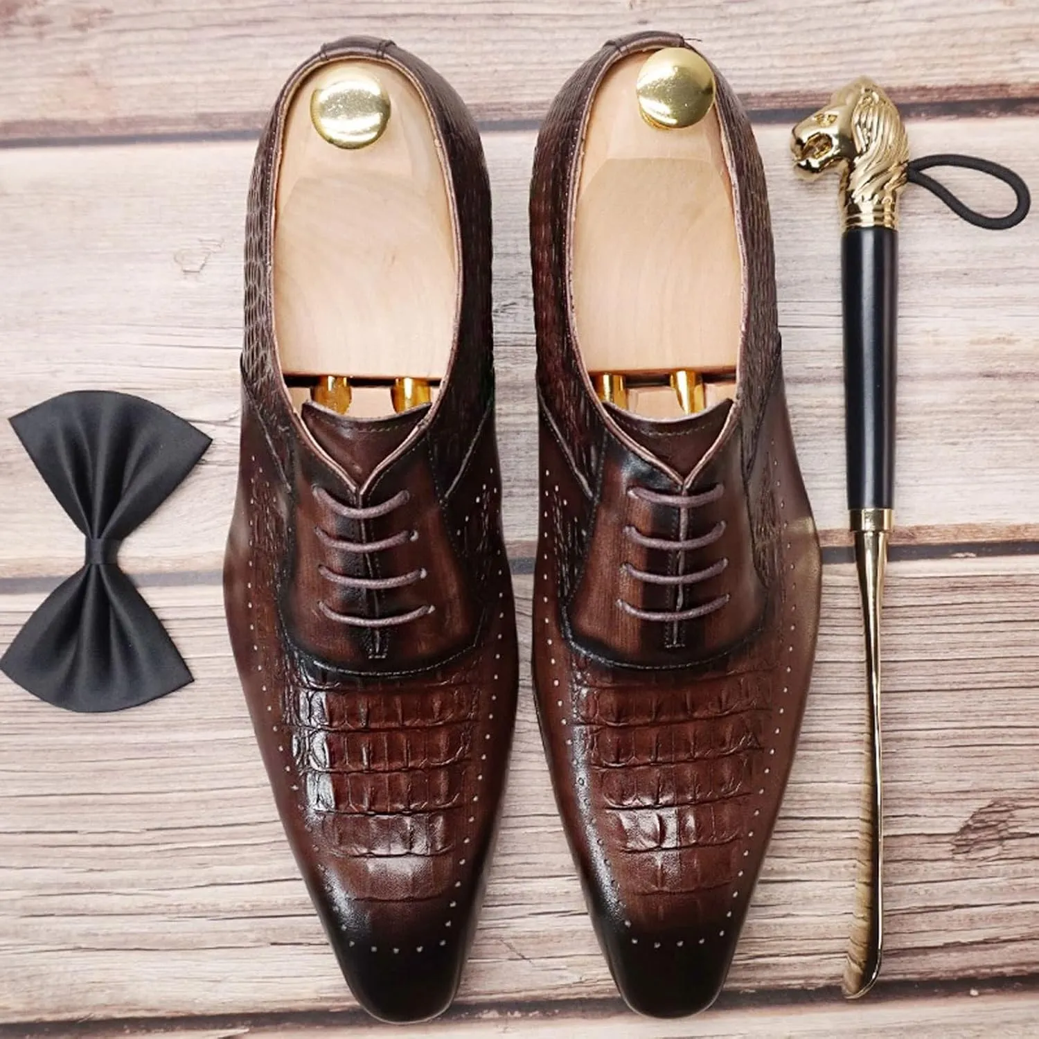 Mens Dress Shoes Mens Leather Shoes Formal Dress Shoes lace up Wingtip Wedding Office Coffee Black Crocodile Print Oxford Shoes Men(13)