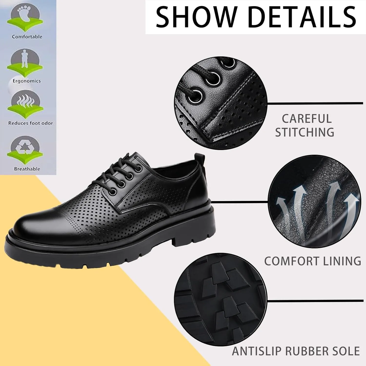 Men's Genuine Leather Chunky Low Heel Oxfords Classic Lace Up Business Formal Tuxedo Derby Shoes Fashion Casual Slip-On Round Anti-Slip Wedding Derby Oxfords