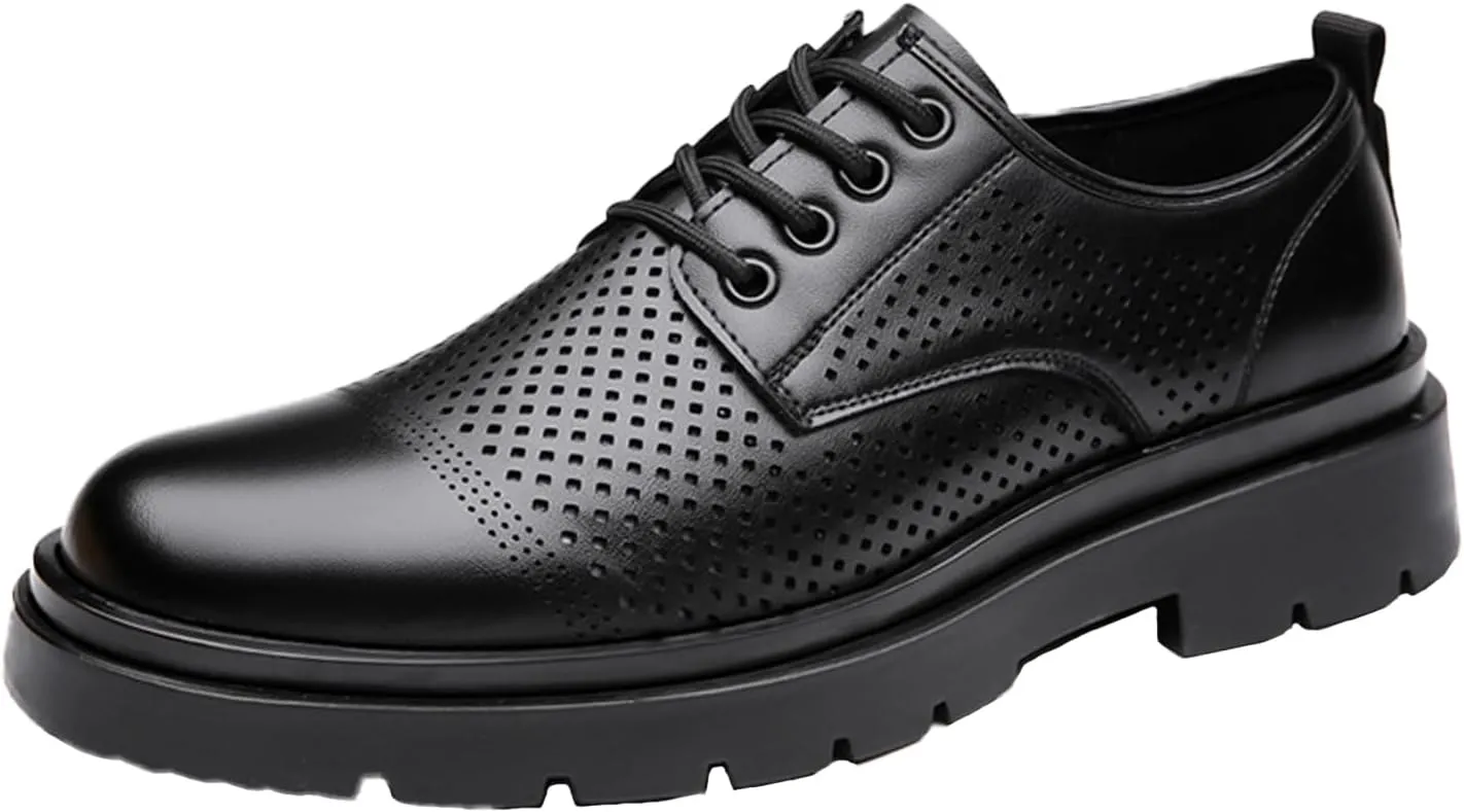 Men's Genuine Leather Chunky Low Heel Oxfords Classic Lace Up Business Formal Tuxedo Derby Shoes Fashion Casual Slip-On Round Anti-Slip Wedding Derby Oxfords