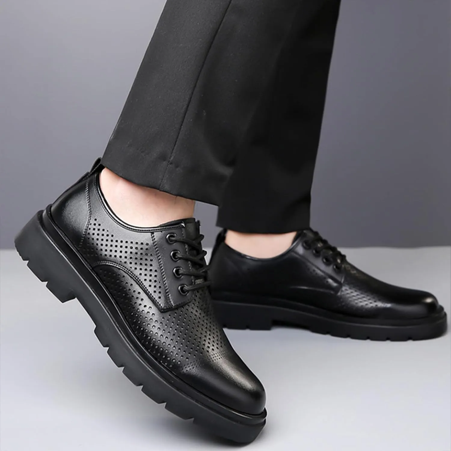 Men's Genuine Leather Chunky Low Heel Oxfords Classic Lace Up Business Formal Tuxedo Derby Shoes Fashion Casual Slip-On Round Anti-Slip Wedding Derby Oxfords