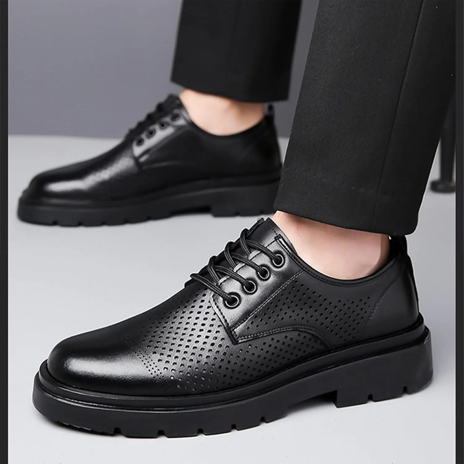 Men's Genuine Leather Chunky Low Heel Oxfords Classic Lace Up Business Formal Tuxedo Derby Shoes Fashion Casual Slip-On Round Anti-Slip Wedding Derby Oxfords