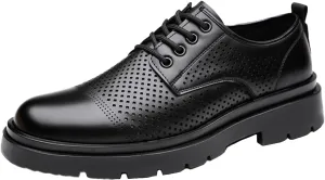 Men's Genuine Leather Chunky Low Heel Oxfords Classic Lace Up Business Formal Tuxedo Derby Shoes Fashion Casual Slip-On Round Anti-Slip Wedding Derby Oxfords