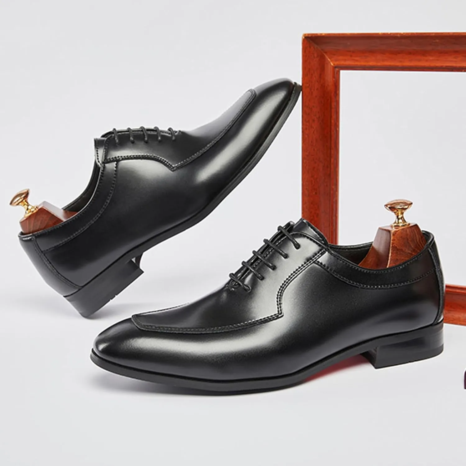 Men's Genuine Leather Lace Up Dress Oxfords Shoes Fashion Classic Hand Stitched Cap Toe Low Top Formal Shoes Casual Business Office Wedding Derby Shoes