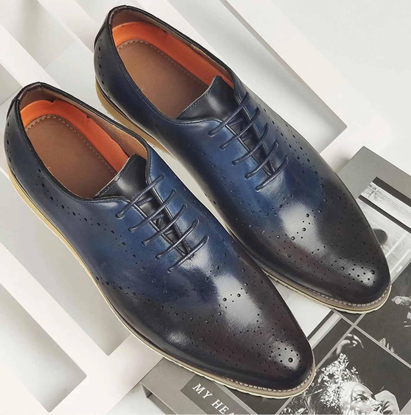 Mens Hand-Painted Leather Oxford Dress Shoes – Luxury Wingtip Brogue Shoes for Business, Weddings & Formal Events – Classic Italian Design, Comfortable & Stylish Footwear