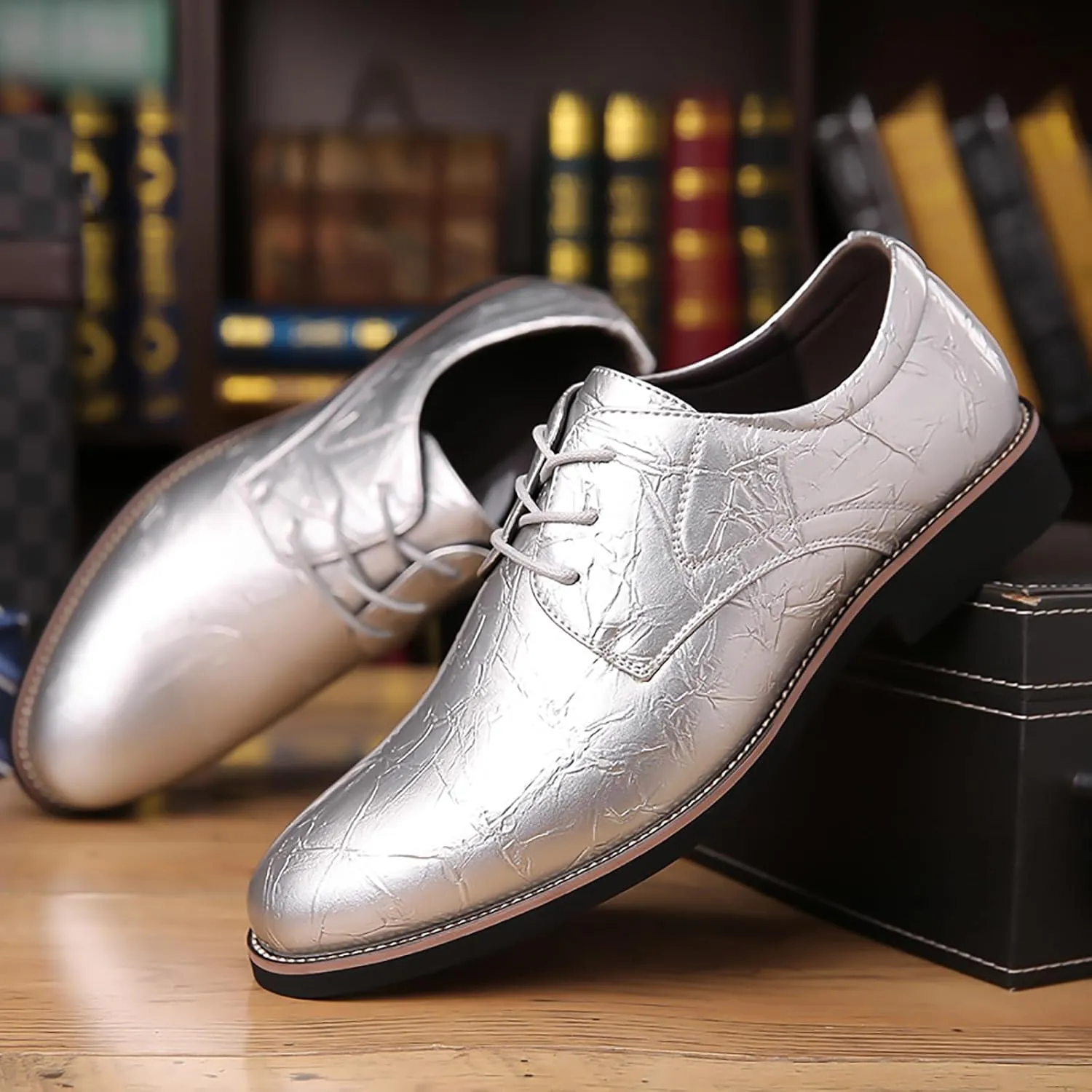 Men's High Gloss Low Chunky Heel Oxford Shoes Classic Lace Up Glitter Faux Patent Leather Tuxedo Derby Dress Shoes for Wedding Prom Business