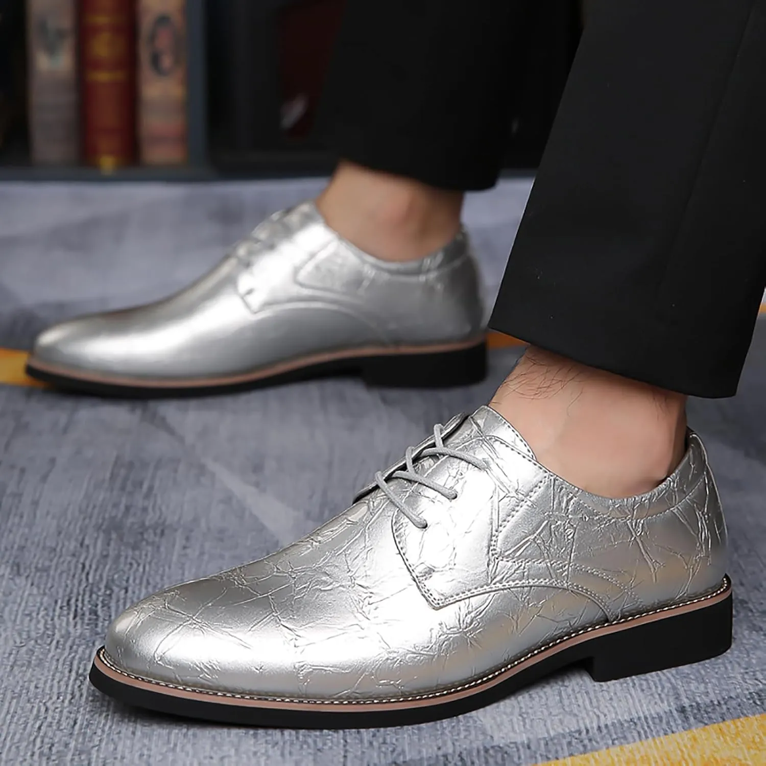 Men's High Gloss Low Chunky Heel Oxford Shoes Classic Lace Up Glitter Faux Patent Leather Tuxedo Derby Dress Shoes for Wedding Prom Business