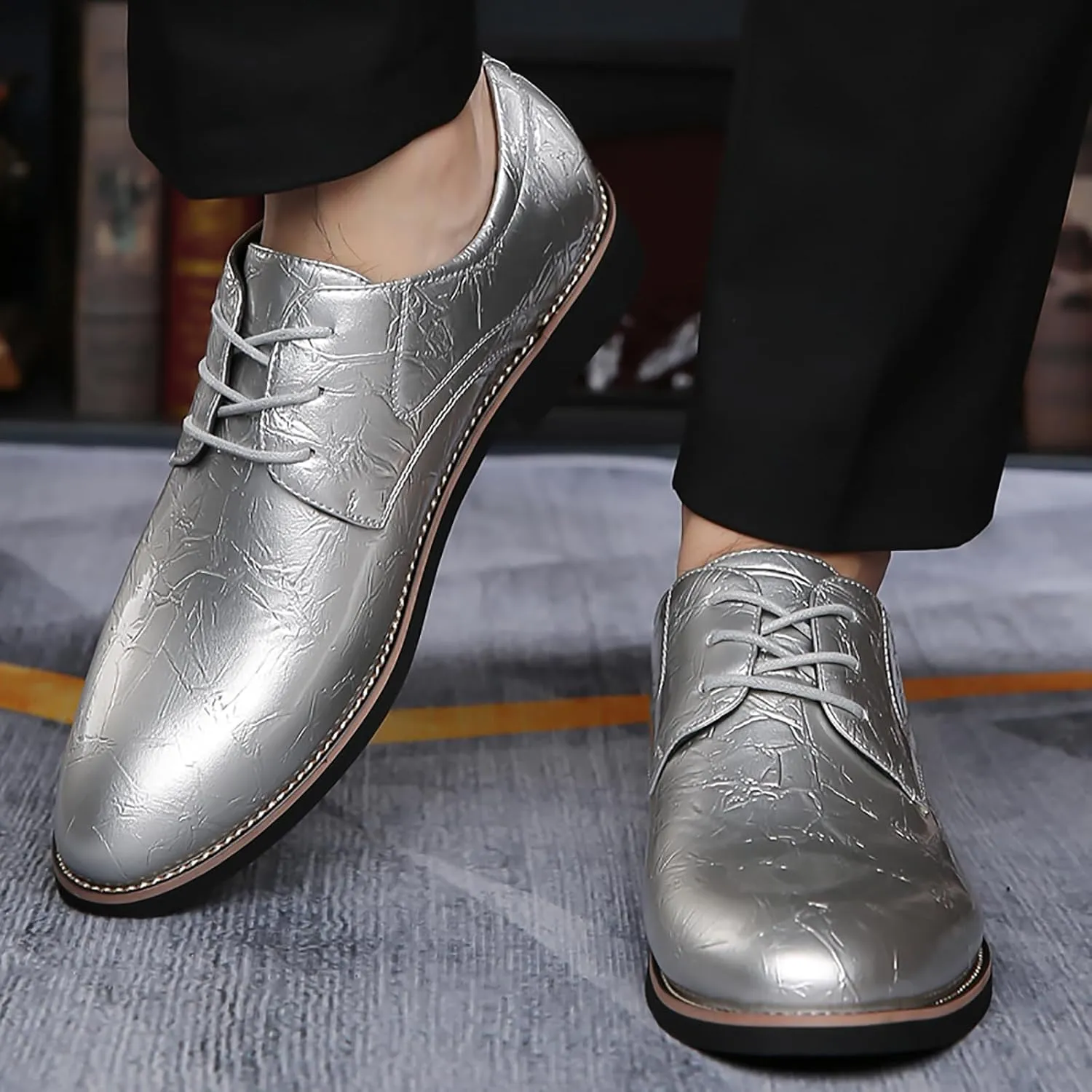 Men's High Gloss Low Chunky Heel Oxford Shoes Classic Lace Up Glitter Faux Patent Leather Tuxedo Derby Dress Shoes for Wedding Prom Business