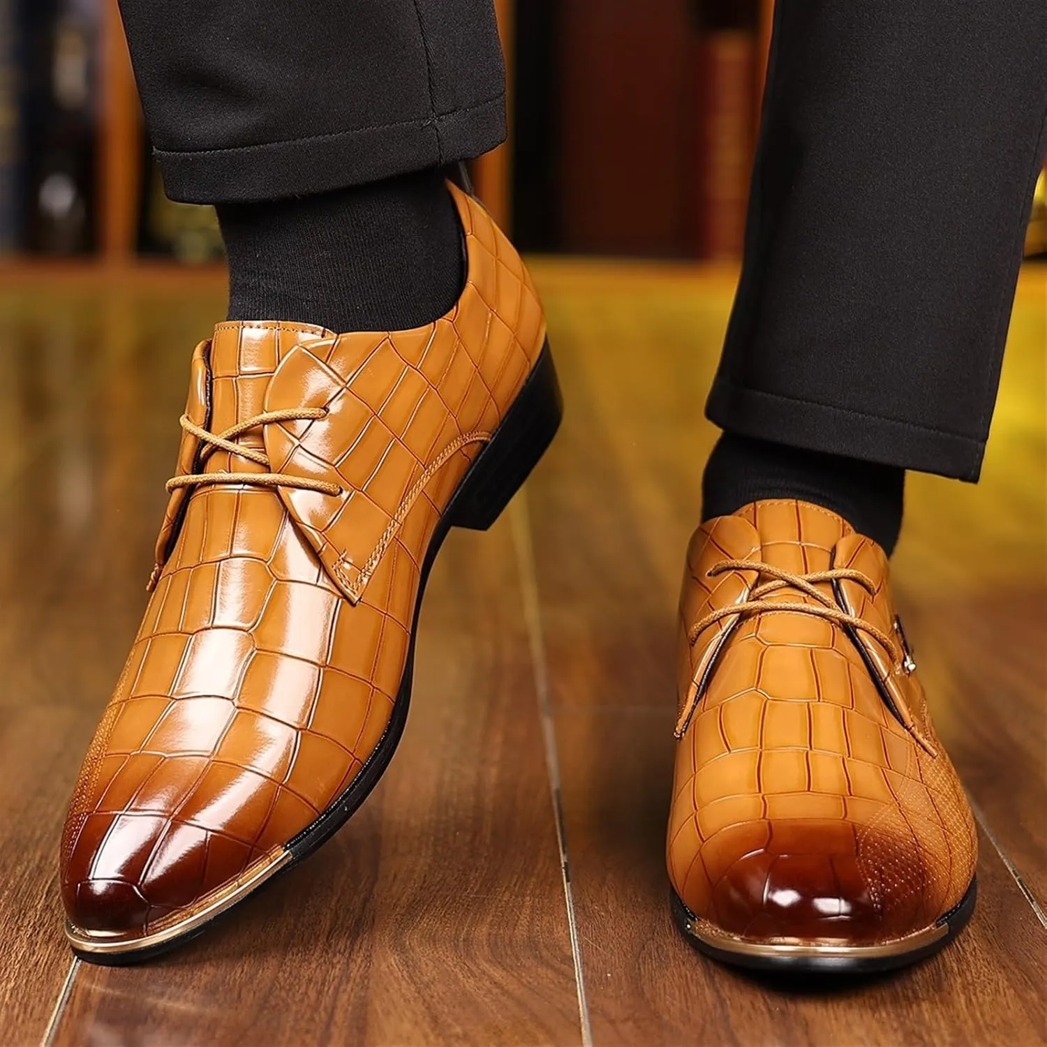 Mens Leather Crocodile Print Oxford Shoes Chunky Heels Rubber Sole Lace Up Cap Toe Dress Shoes Business Formal Prom Derby Shoes Casual Walking Shoes