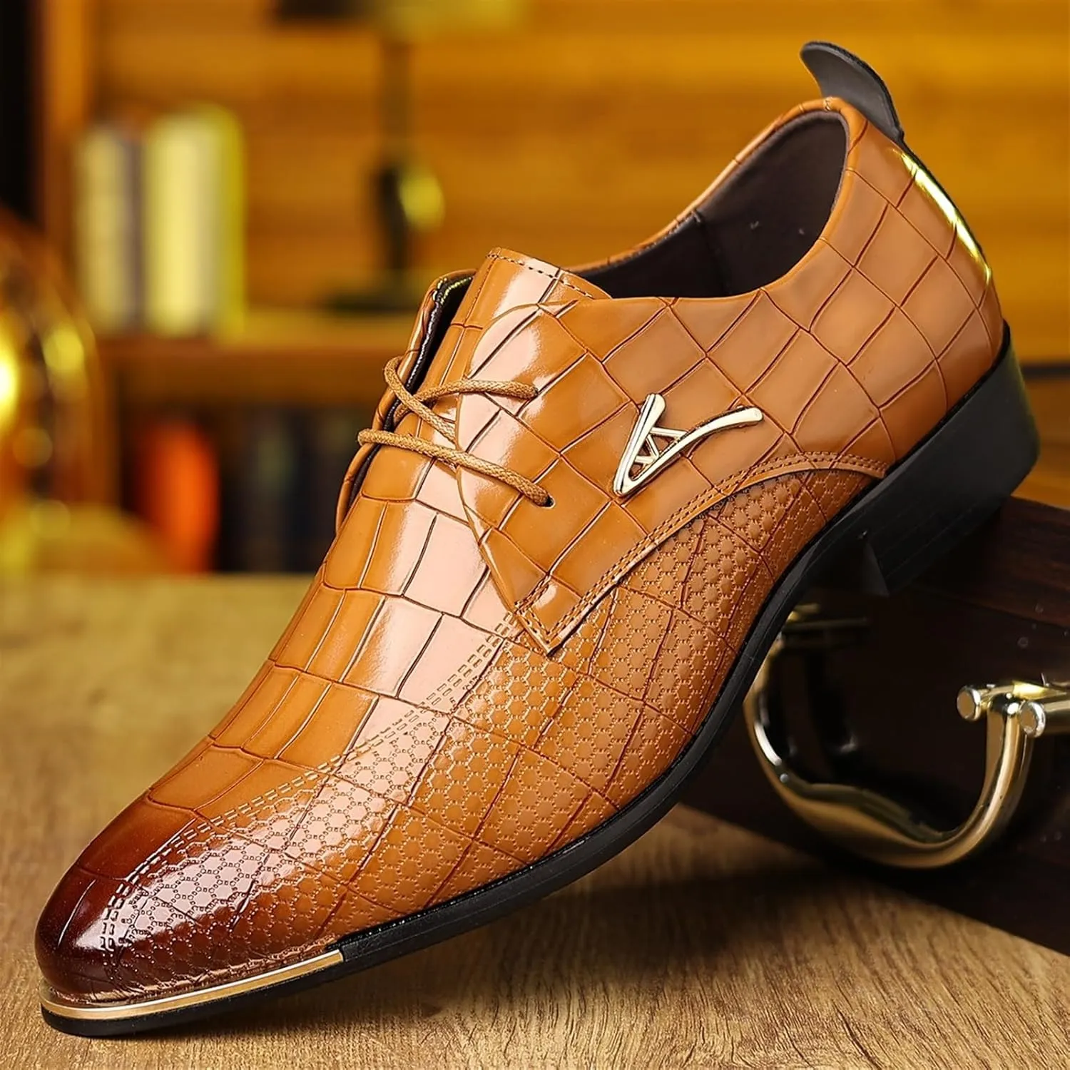 Mens Leather Crocodile Print Oxford Shoes Chunky Heels Rubber Sole Lace Up Cap Toe Dress Shoes Business Formal Prom Derby Shoes Casual Walking Shoes