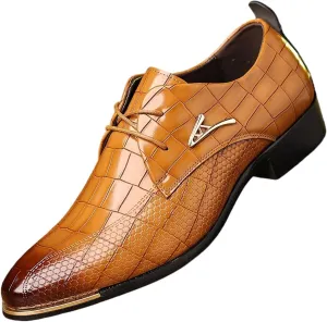 Mens Leather Crocodile Print Oxford Shoes Chunky Heels Rubber Sole Lace Up Cap Toe Dress Shoes Business Formal Prom Derby Shoes Casual Walking Shoes