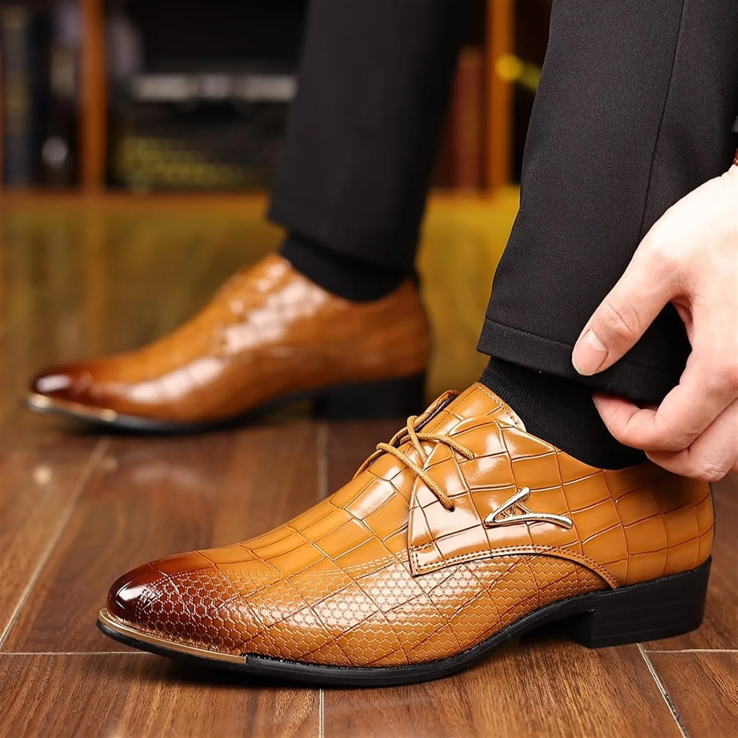 Mens Leather Crocodile Print Oxford Shoes Chunky Heels Rubber Sole Lace Up Cap Toe Dress Shoes Business Formal Prom Derby Shoes Casual Walking Shoes