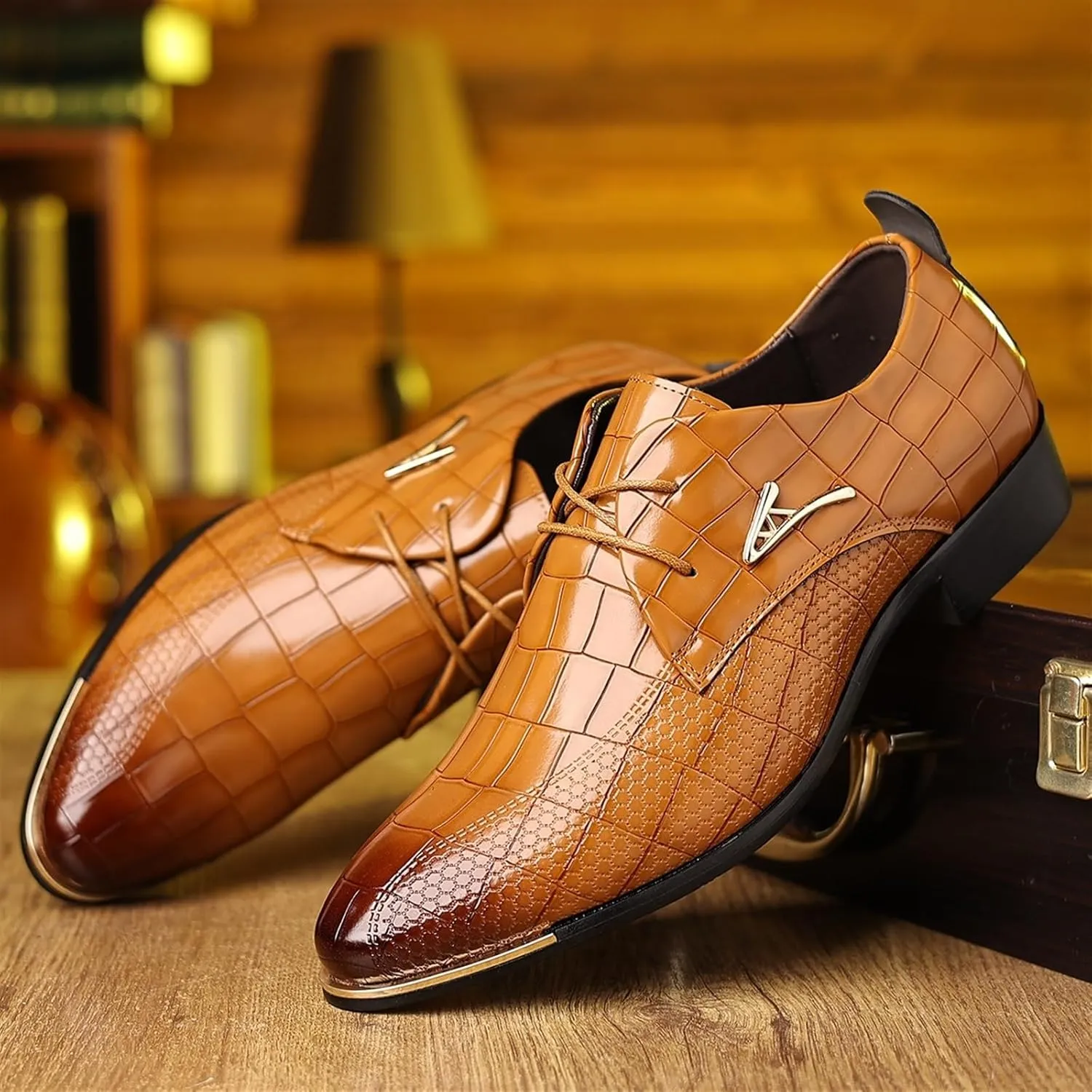 Mens Leather Crocodile Print Oxford Shoes Chunky Heels Rubber Sole Lace Up Cap Toe Dress Shoes Business Formal Prom Derby Shoes Casual Walking Shoes
