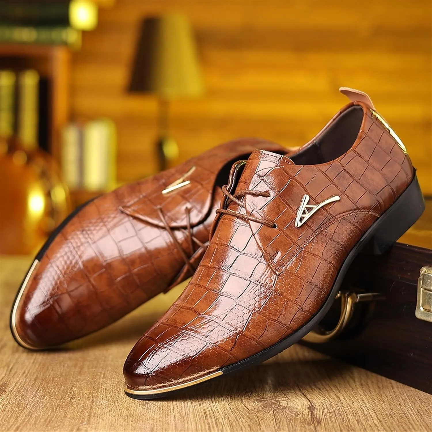 Mens Leather Crocodile Print Oxford Shoes Chunky Heels Rubber Sole Lace Up Cap Toe Dress Shoes Business Formal Prom Derby Shoes Casual Walking Shoes