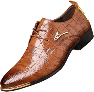 Mens Leather Crocodile Print Oxford Shoes Chunky Heels Rubber Sole Lace Up Cap Toe Dress Shoes Business Formal Prom Derby Shoes Casual Walking Shoes