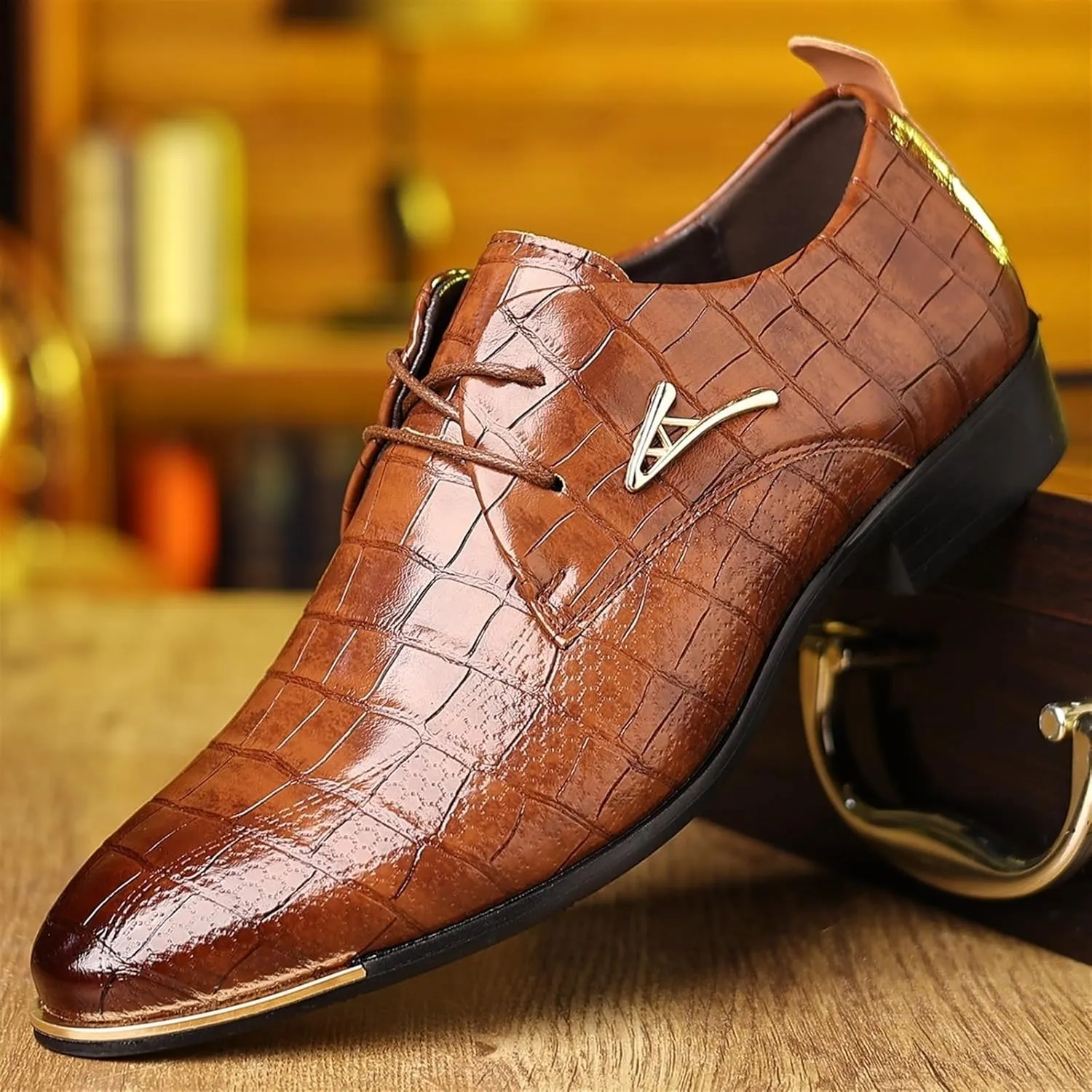 Mens Leather Crocodile Print Oxford Shoes Chunky Heels Rubber Sole Lace Up Cap Toe Dress Shoes Business Formal Prom Derby Shoes Casual Walking Shoes