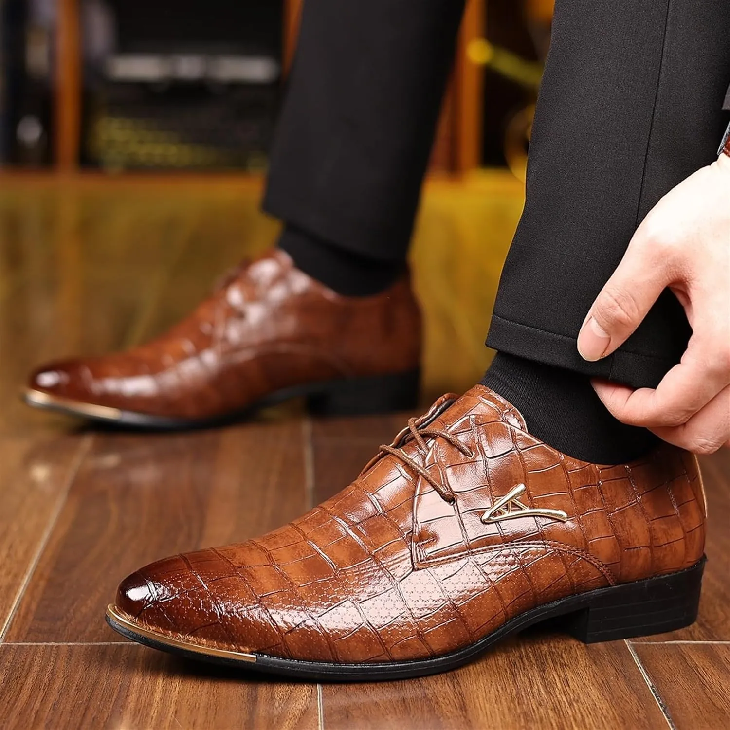 Mens Leather Crocodile Print Oxford Shoes Chunky Heels Rubber Sole Lace Up Cap Toe Dress Shoes Business Formal Prom Derby Shoes Casual Walking Shoes