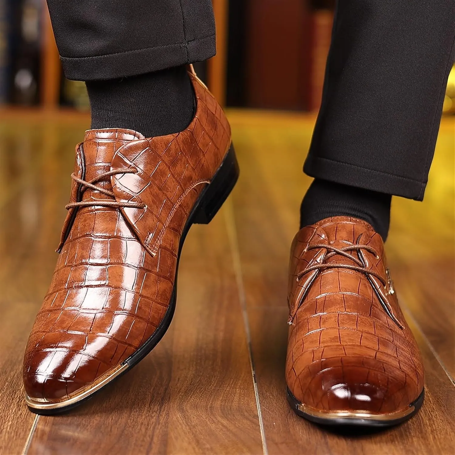 Mens Leather Crocodile Print Oxford Shoes Chunky Heels Rubber Sole Lace Up Cap Toe Dress Shoes Business Formal Prom Derby Shoes Casual Walking Shoes