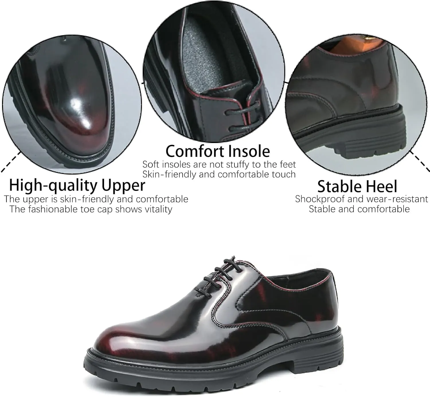Men's Leather Lace Up Platform Oxfords Business Comfortable Chunky Heel Soft Bottom Dress Shoes Casual Work Office Formal Derby Shoes