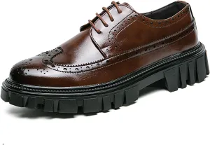 Men's Leather Oxford Dress Shoes - Platform Wingtip Oxfords - Comfortable Business Formal Slip-Resistant Work Derby Shoes