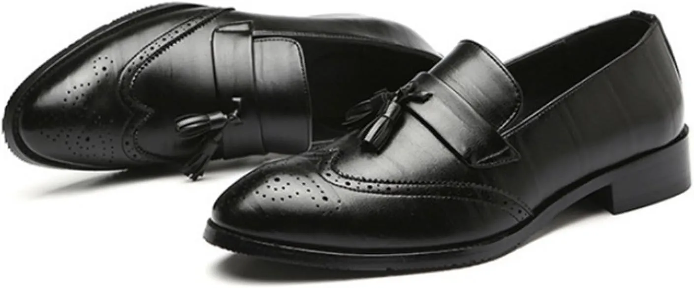 Men's Leather Tassel Loafers Slip-On Wingtip Pattern Formal Business Work Shoes Outdoor Casual Fashion Pointed Toe Walking Dress Shoes for Men