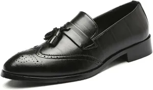 Men's Leather Tassel Loafers Slip-On Wingtip Pattern Formal Business Work Shoes Outdoor Casual Fashion Pointed Toe Walking Dress Shoes for Men