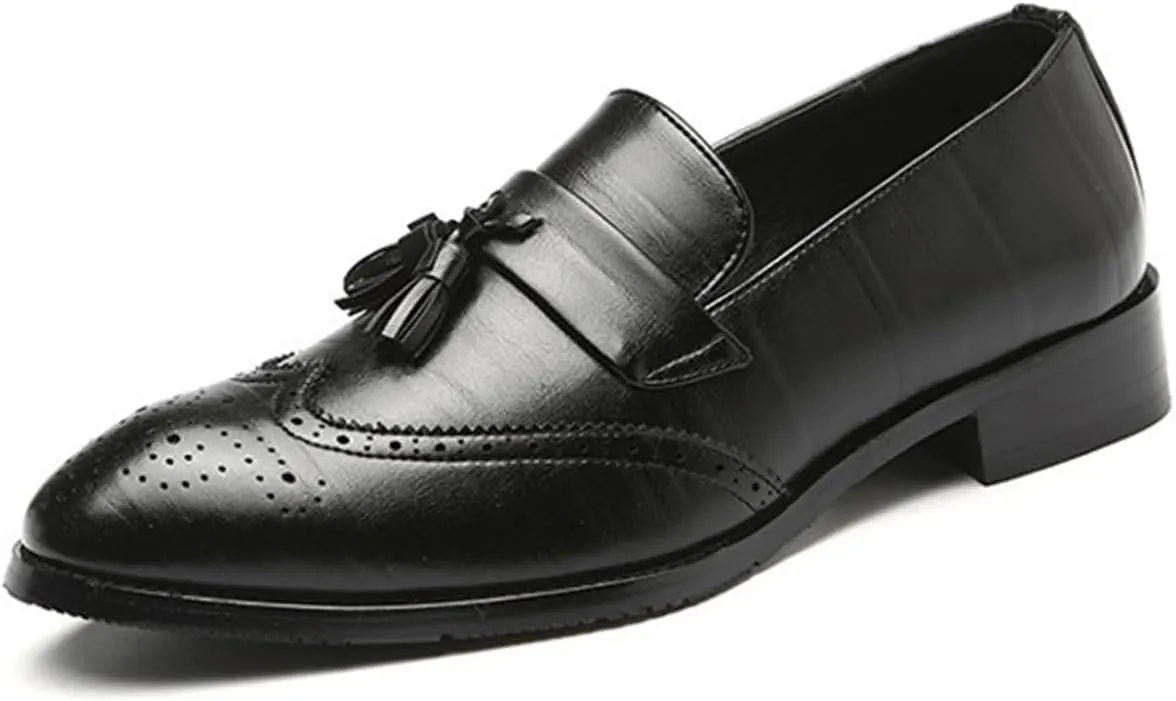 Men's Leather Tassel Loafers Slip-On Wingtip Pattern Formal Business Work Shoes Outdoor Casual Fashion Pointed Toe Walking Dress Shoes for Men