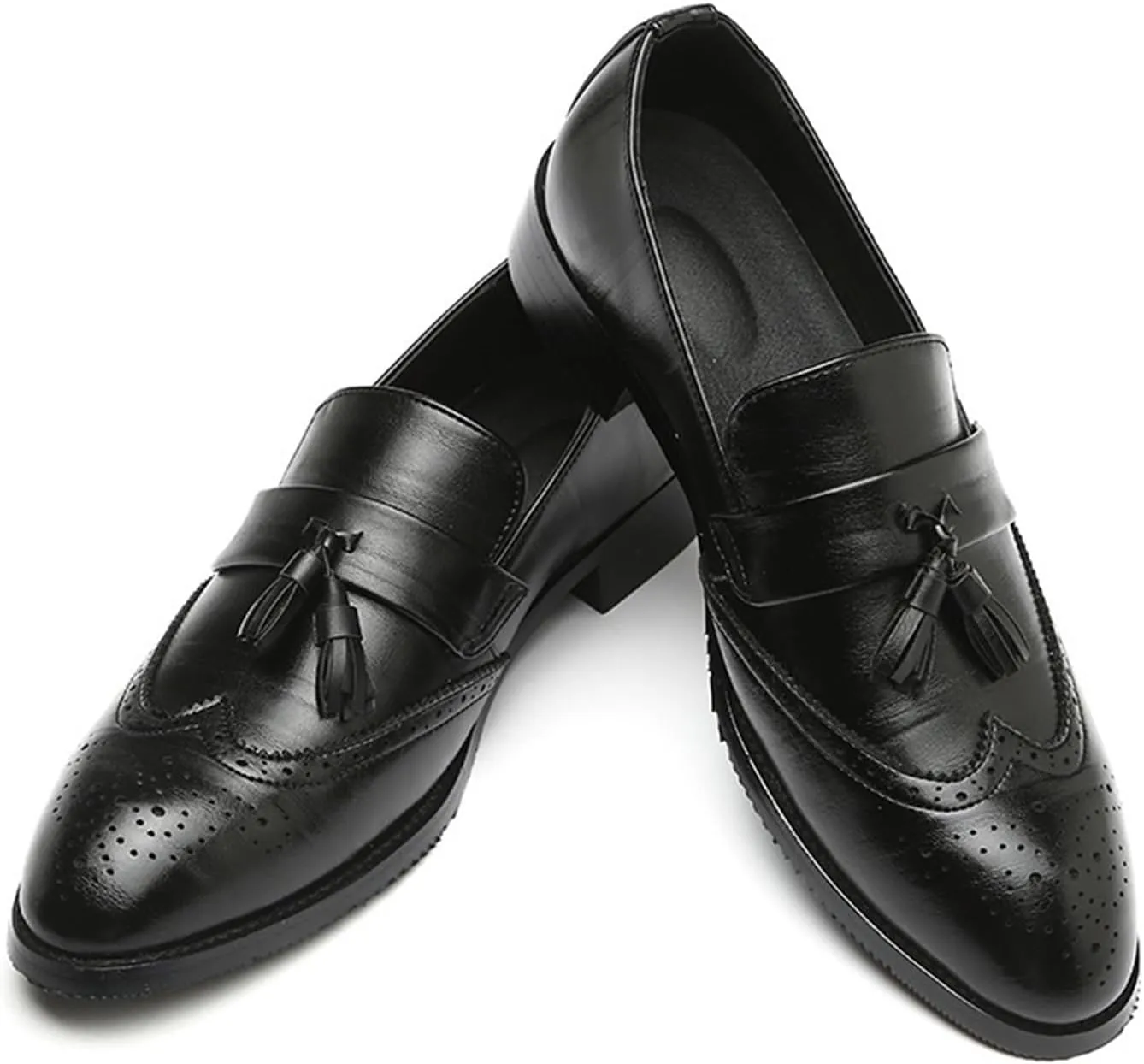 Men's Leather Tassel Loafers Slip-On Wingtip Pattern Formal Business Work Shoes Outdoor Casual Fashion Pointed Toe Walking Dress Shoes for Men