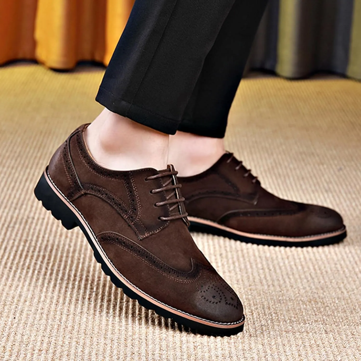 Men's Leather Wingtip Brogue Lace Up Dress Oxfords Fashion Pointed Toe Low Block Heel Business Work Office Formal Shoes Breathable Non-Slip Casual Shoes