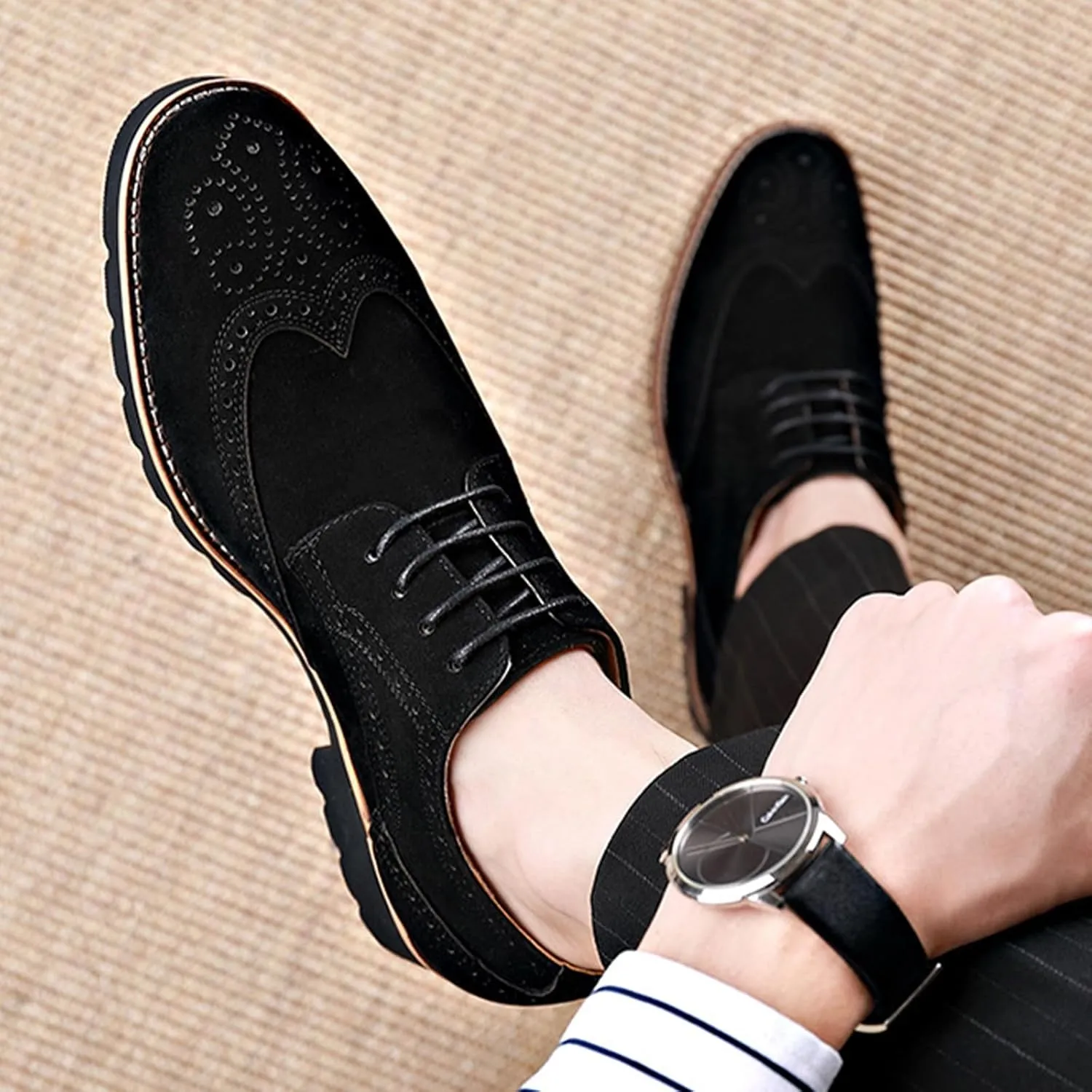 Men's Leather Wingtip Brogue Lace Up Dress Oxfords Fashion Pointed Toe Low Block Heel Business Work Office Formal Shoes Breathable Non-Slip Casual Shoes
