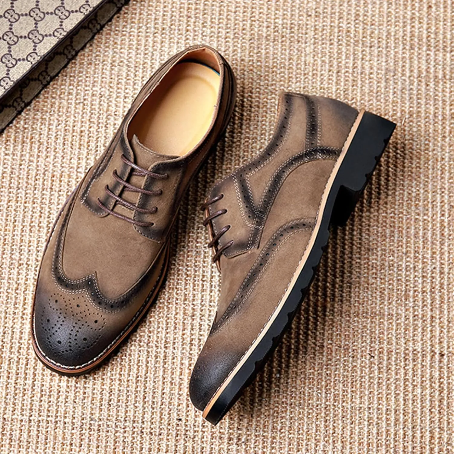 Men's Leather Wingtip Brogue Lace Up Dress Oxfords Fashion Pointed Toe Low Block Heel Business Work Office Formal Shoes Breathable Non-Slip Casual Shoes
