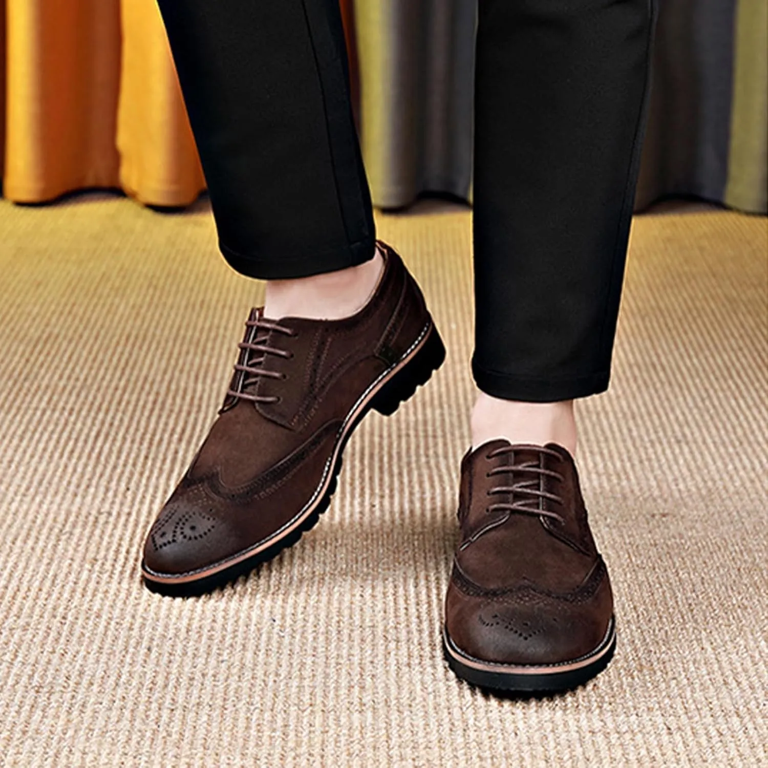 Men's Leather Wingtip Brogue Lace Up Dress Oxfords Fashion Pointed Toe Low Block Heel Business Work Office Formal Shoes Breathable Non-Slip Casual Shoes