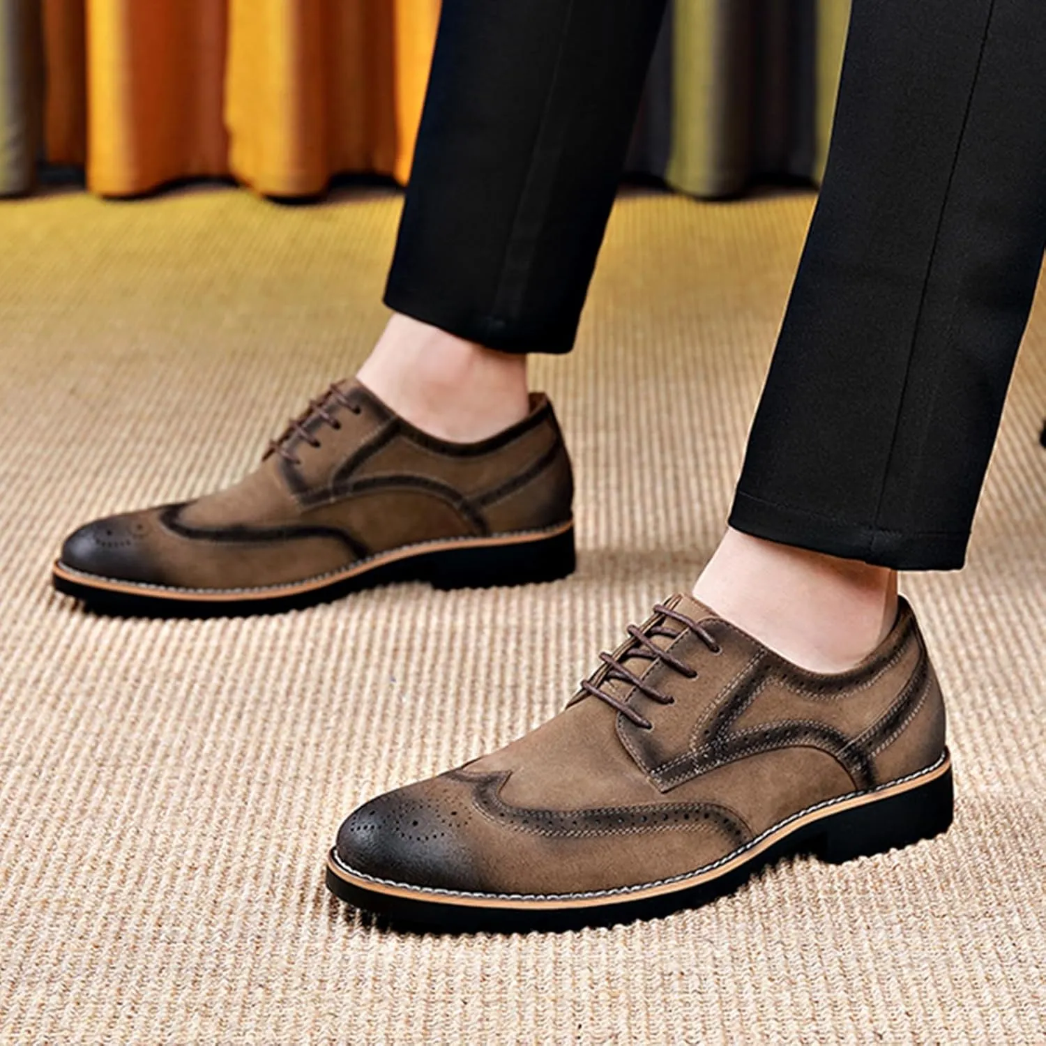 Men's Leather Wingtip Brogue Lace Up Dress Oxfords Fashion Pointed Toe Low Block Heel Business Work Office Formal Shoes Breathable Non-Slip Casual Shoes