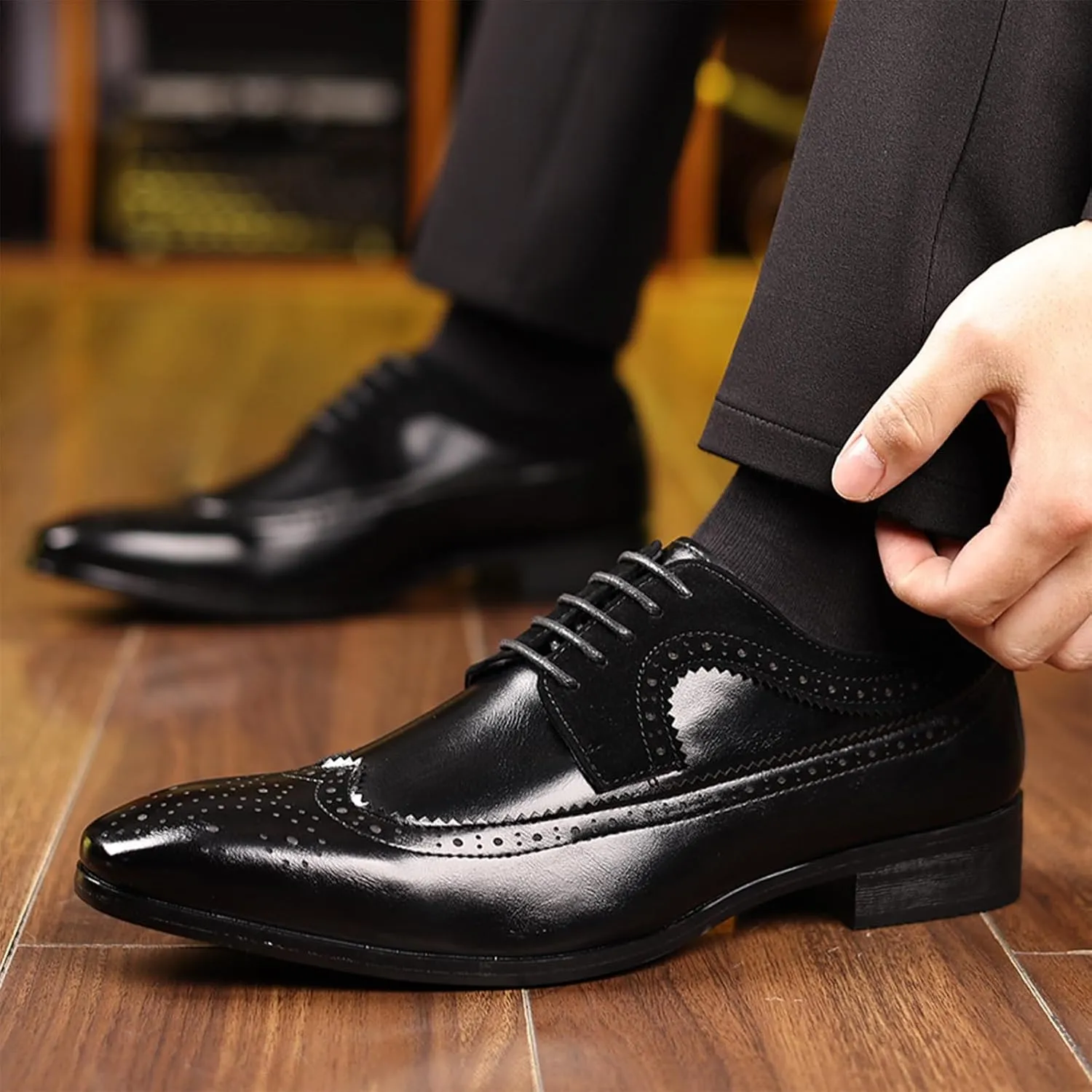 Men's Leather Wingtip Dress Oxford Shoes Retro Stitching Chunky Heel Non-Slip Business Work Lace Up Dress Shoes Fashion Derby Oxford