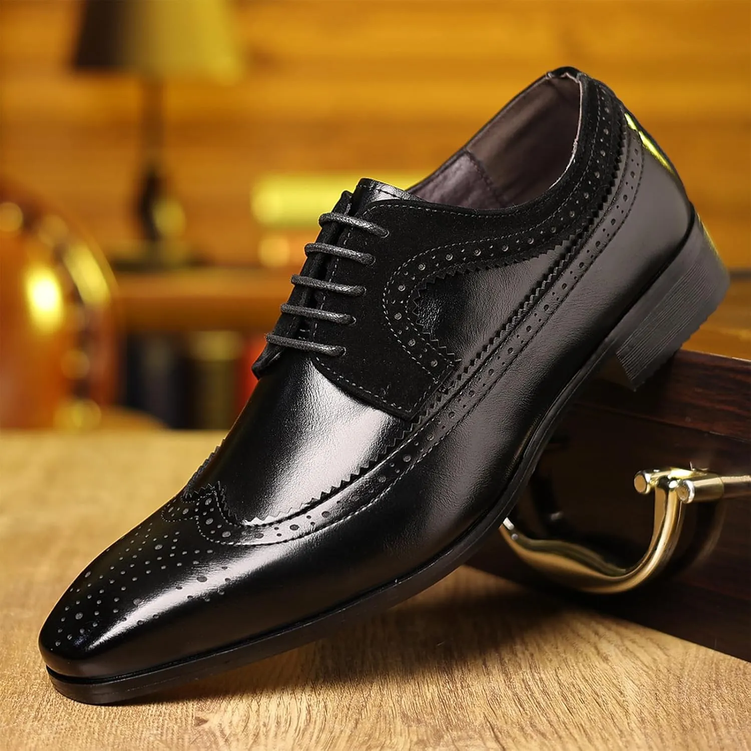 Men's Leather Wingtip Dress Oxford Shoes Retro Stitching Chunky Heel Non-Slip Business Work Lace Up Dress Shoes Fashion Derby Oxford