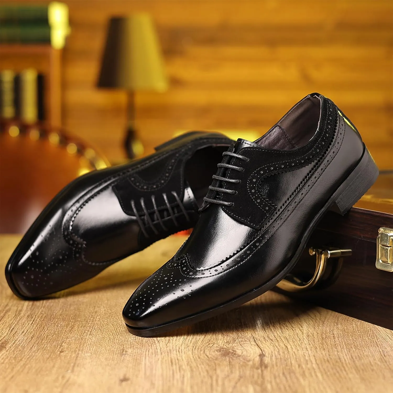 Men's Leather Wingtip Dress Oxford Shoes Retro Stitching Chunky Heel Non-Slip Business Work Lace Up Dress Shoes Fashion Derby Oxford