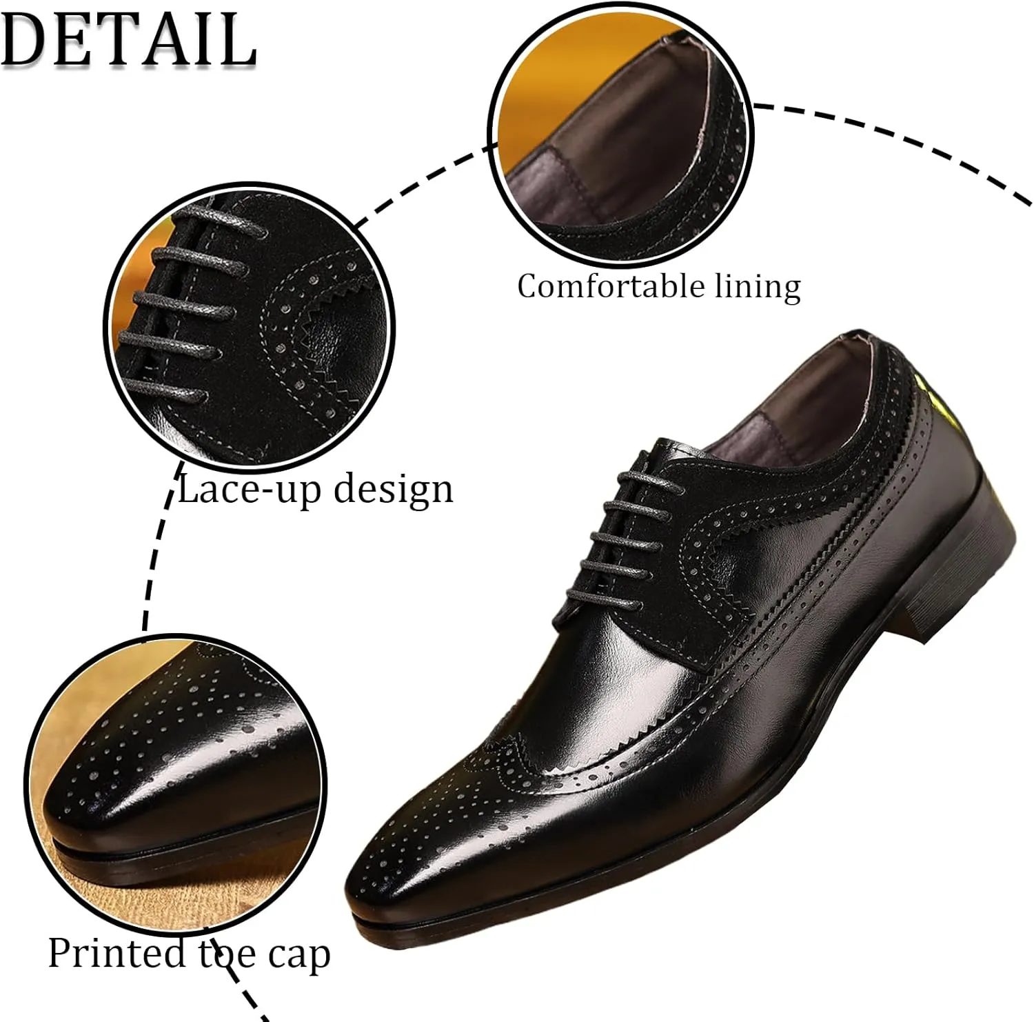 Men's Leather Wingtip Dress Oxford Shoes Retro Stitching Chunky Heel Non-Slip Business Work Lace Up Dress Shoes Fashion Derby Oxford