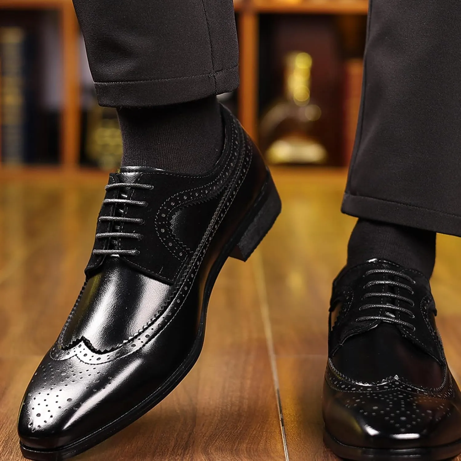 Men's Leather Wingtip Dress Oxford Shoes Retro Stitching Chunky Heel Non-Slip Business Work Lace Up Dress Shoes Fashion Derby Oxford