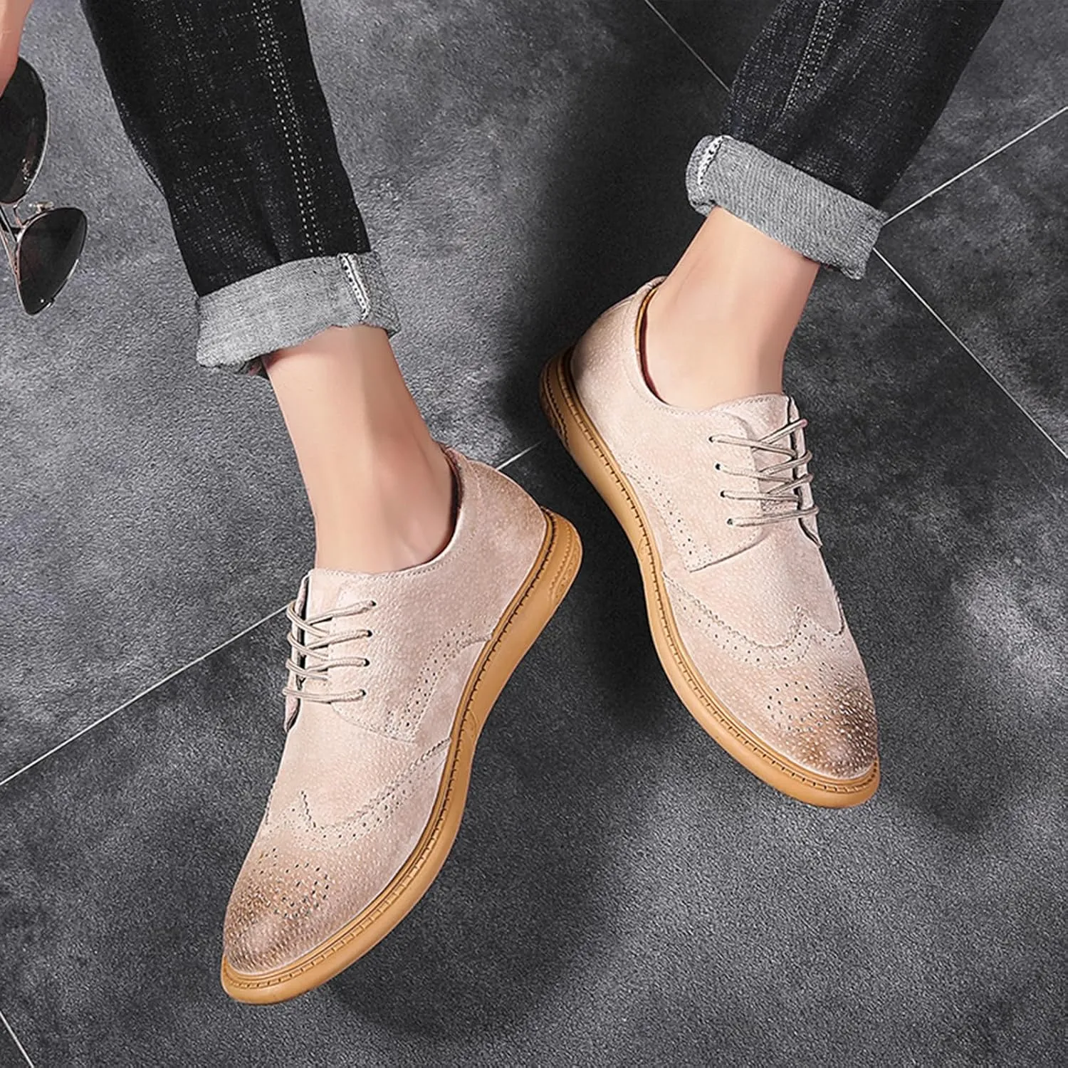 Men's Oxfords Suede Low Heel Fashion Classic Round-Toe Lace Up Wing Tips Business Dress Leather Derby Shoes Casual Comfortable Formal Work Wedding Shoes for Men