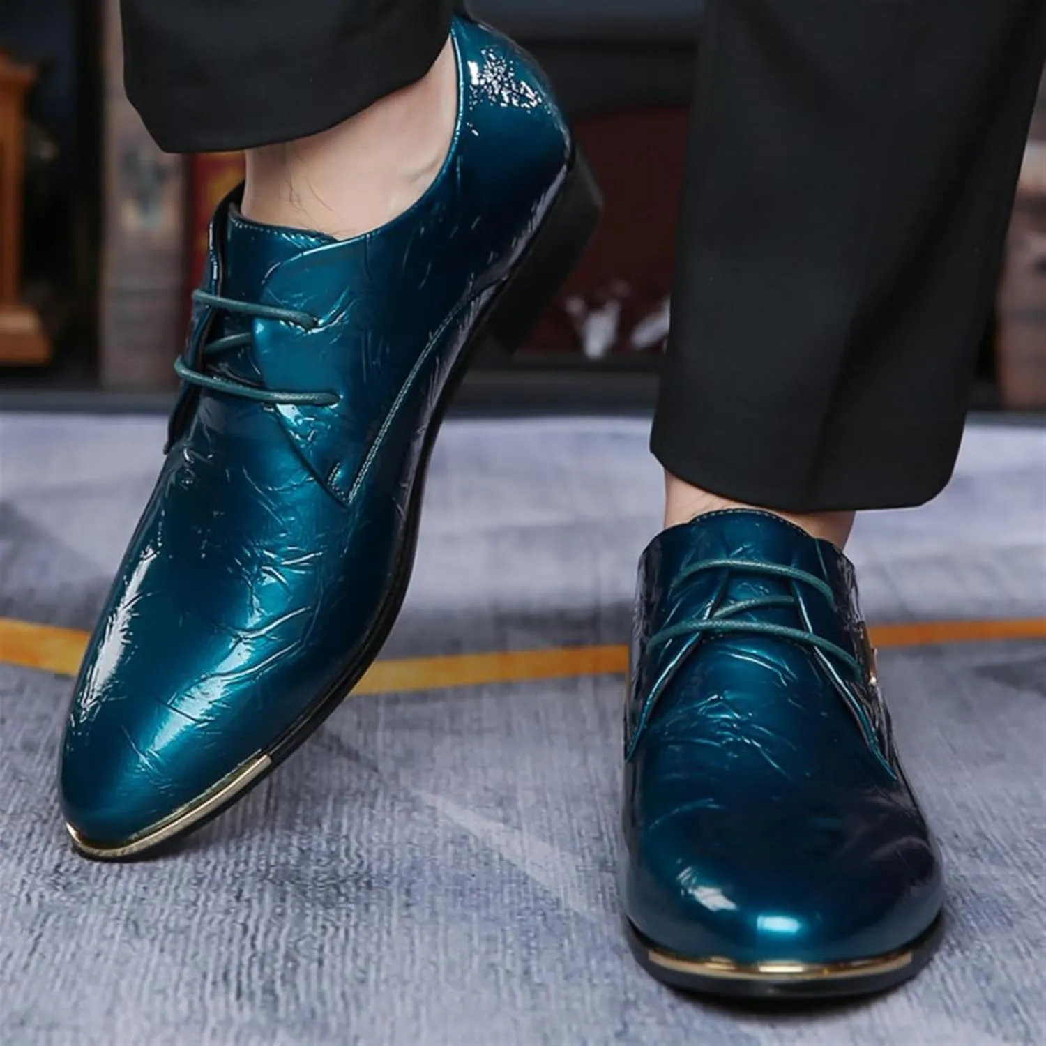Mens Patent Leather Oxford Shoes Chunky Heels Rubber Sole Lace Up Cap Toe Dress Shoes Business Formal Prom Derby Shoes Casual Walking Shoes