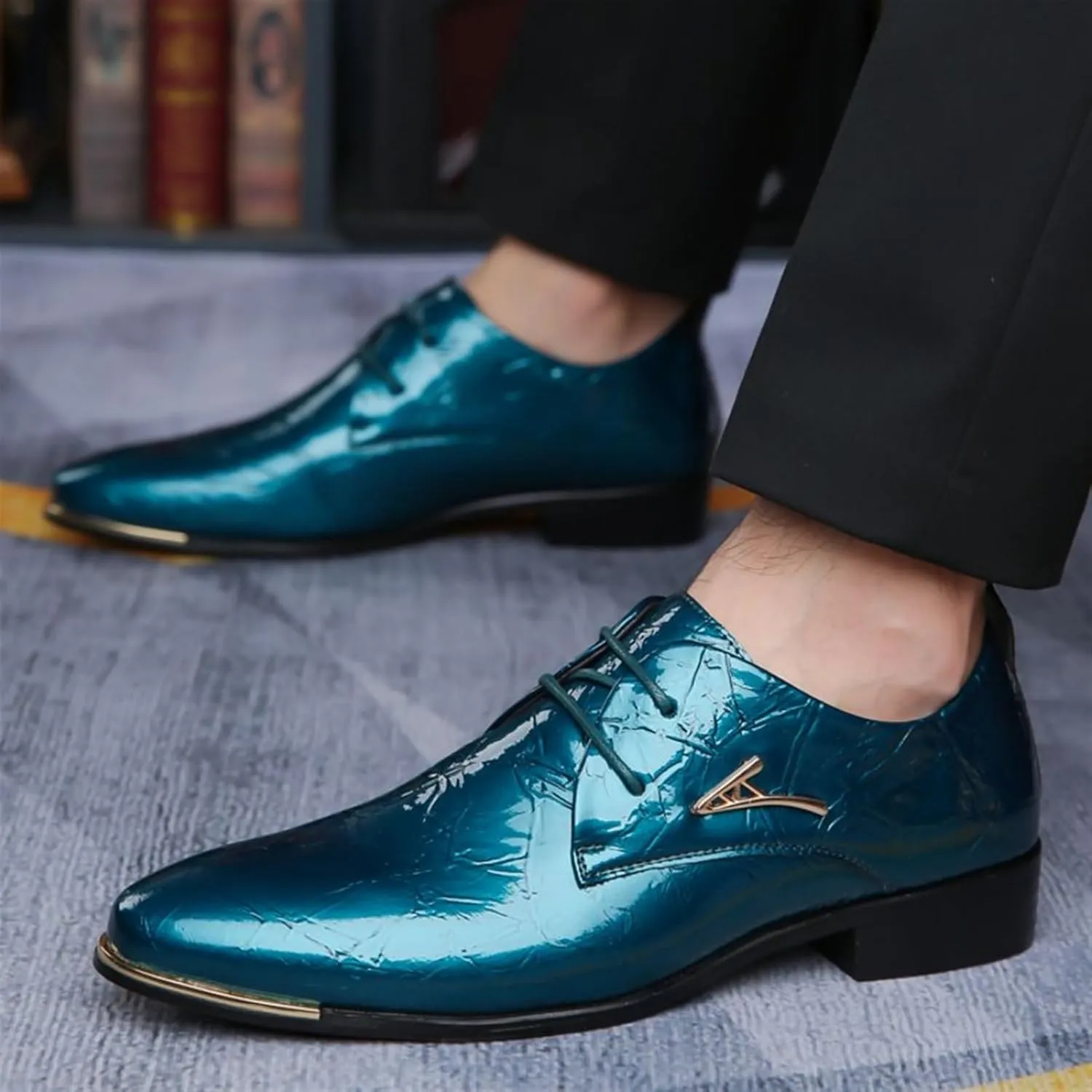 Mens Patent Leather Oxford Shoes Chunky Heels Rubber Sole Lace Up Cap Toe Dress Shoes Business Formal Prom Derby Shoes Casual Walking Shoes