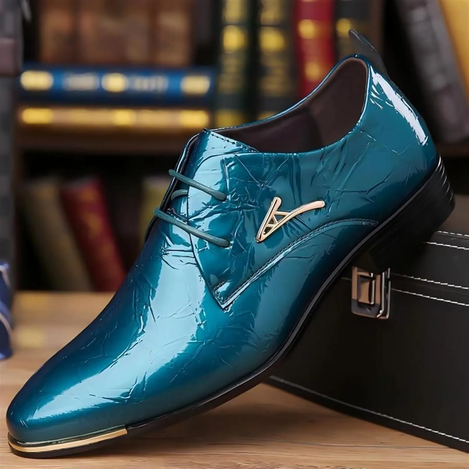 Mens Patent Leather Oxford Shoes Chunky Heels Rubber Sole Lace Up Cap Toe Dress Shoes Business Formal Prom Derby Shoes Casual Walking Shoes