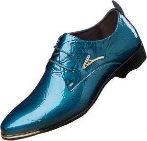 Mens Patent Leather Oxford Shoes Chunky Heels Rubber Sole Lace Up Cap Toe Dress Shoes Business Formal Prom Derby Shoes Casual Walking Shoes