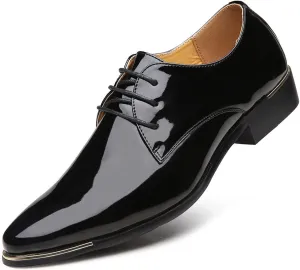 Men's Patent Leather Pointed Toe Derby Dress Shoes Classic Lace-Up Tuxedo Business Formal Oxford Shoes