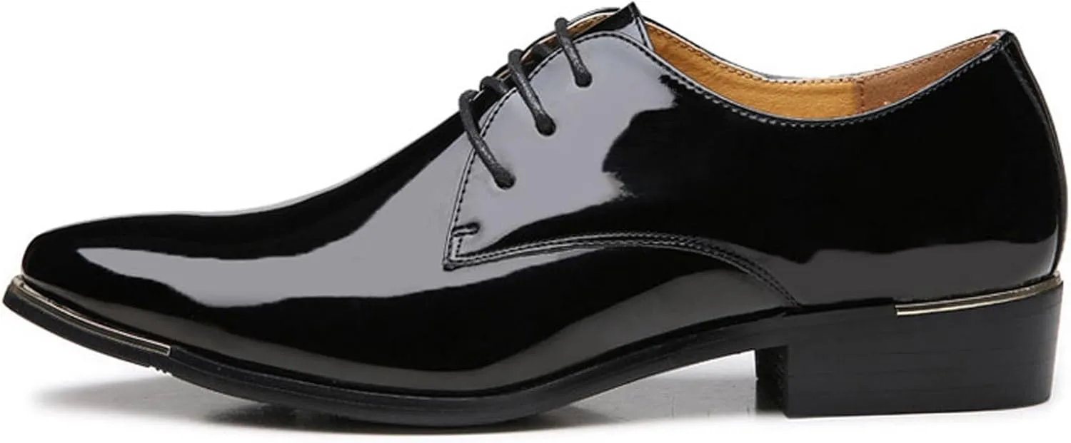 Men's Patent Leather Pointed Toe Derby Dress Shoes Classic Lace-Up Tuxedo Business Formal Oxford Shoes